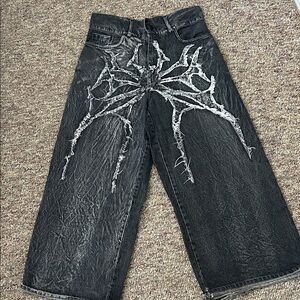 Black Distressed Spider-Web Wide-Leg Kids Jeans